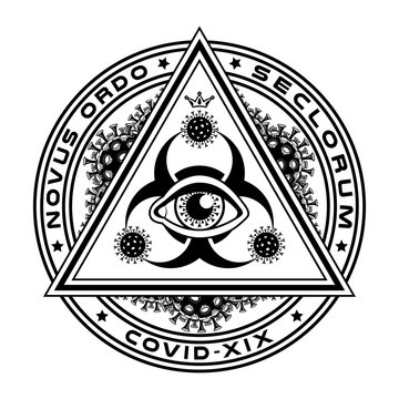 The all-seeing eye,  biohazard symbol, the pyramid is covered with particles of coronavirus. Conspiracy Theory, Masonic symbols.