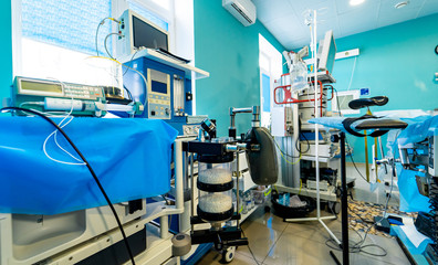 Modern equipment in operating room. Medical devices for neurosurgery. Background. Operating theatre. Selective focus.