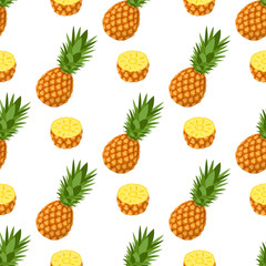 Seamless pattern with fresh whole and half pineapple fruit with leaves on white background. Summer fruits for healthy lifestyle. Organic fruit. Cartoon style. Vector illustration for any design.