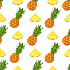 Seamless pattern with fresh whole and cut slices pineapple fruit with leaves on white background. Summer fruits for healthy lifestyle. Organic fruit. Cartoon style. Vector illustration for any design.