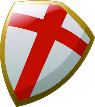 Escudo medieval brillante con cruz de color rojo en el centro.