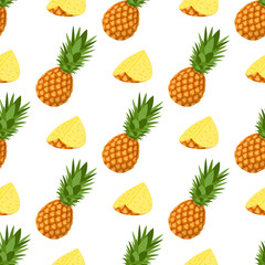 Seamless pattern with fresh whole and cut slices pineapple fruit with leaves on white background. Summer fruits for healthy lifestyle. Organic fruit. Cartoon style. Vector illustration for any design.