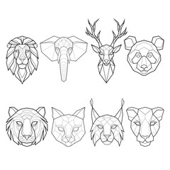 Set of eight polygonal abstract animals, lion, elephant, deer, panda, cat, tiger,  panther and lynx. Vector illustration © lenok5