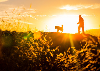 Wanderer and Dog hiking during sunrise