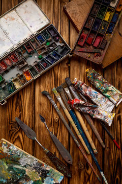 artist tools on a wooden background