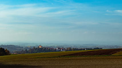 view on village with church 