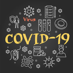 Vector black linear concept of coronavirus pandemic - COVID-19