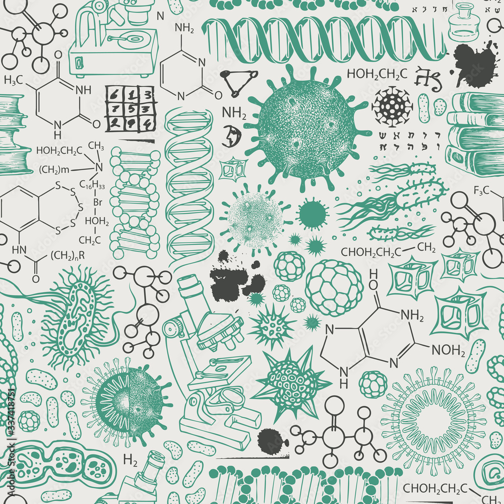 Wall mural Vector seamless pattern on the theme of chemistry, biology, genetics, medicine. Abstract background with hand-drawn sketches in retro style. Suitable for wallpaper, wrapping paper, fabric