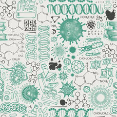Vector seamless pattern on the theme of chemistry, biology, genetics, medicine. Abstract background with hand-drawn sketches in retro style. Suitable for wallpaper, wrapping paper, fabric - obrazy, fototapety, plakaty