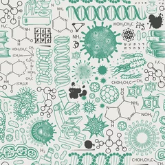 Foto op Aluminium Vector seamless pattern on the theme of chemistry, biology, genetics, medicine. Abstract background with hand-drawn sketches in retro style. Suitable for wallpaper, wrapping paper, fabric © paseven