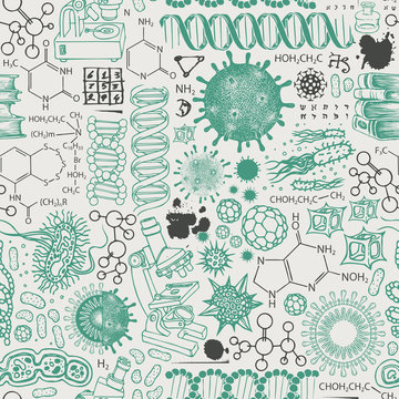 Vector seamless pattern on the theme of chemistry, biology, genetics, medicine. Abstract background with hand-drawn sketches in retro style. Suitable for wallpaper, wrapping paper, fabric