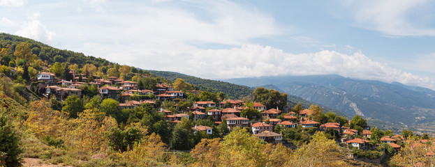 Fototapeta premium The old city Palaios Panteleiomonas, tourist attraction in Greece. Leptokaria travel destination in east Macedonia. Aerial view.