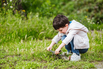 
little boy has fun playing with some funny dinosaur shaped dolls