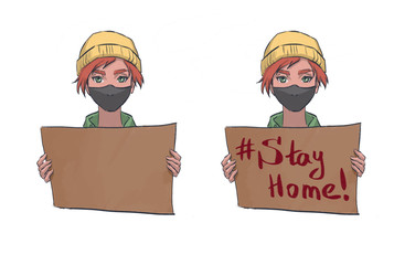 demonstration, redhead Girl Young Woman, a call face mask, quarantine, self isolation, virus, tagline, line art, be healthy, covid-19, person in protective mask, transparency, picket, rally, st