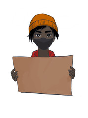 demonstration dark skin Girl Young Woman, a call face mask, quarantine, self isolation, virus, tagline, line art, be healthy, covid-19, person in protective mask, transparency, picket, rally, black