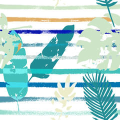 Sailor Stripes Vector Seamless Pattern, imprimé floral exotique bleu, blanc, jaune. Botanique