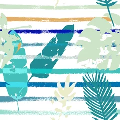 Papier peint Rayures horizontales Sailor Stripes Vector Seamless Pattern, imprimé floral exotique bleu, blanc, jaune. Botanique
