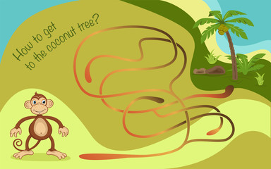 Maze game for children with monkey and palm tree. Help the monkey to get to the coconut tree. 