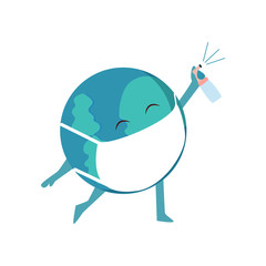 Planet Earth in a medical mask with a sanitizer in his hands. Hand antiseptic. Medical mask. Planet Flat style. Coronavirus protection, vector illustration isodized on a white background.