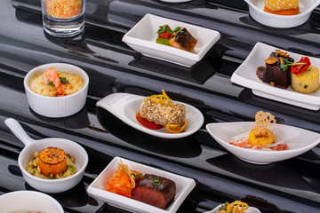 Fish and meat canapés for visiting catering, for holidays and ceremonies, for restaurant, menu