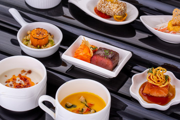 Fish and meat canapés for visiting catering, for holidays and ceremonies, for restaurant, menu