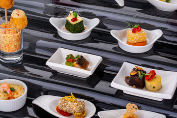 Fish and meat canapés for visiting catering, for holidays and ceremonies, for restaurant, menu