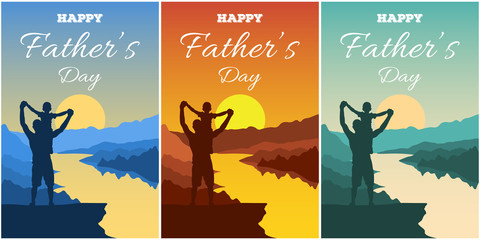 Father’s Day vector illustration. Silhouettes of dad and children against a backdrop of an adventure landscape with mountains, rive and sky. Happy family men and boy outdoors. Traveling with children.