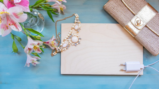 Mock up blue with flowers. Postcard, greeting, background