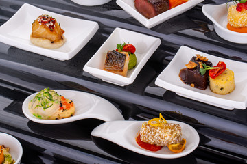 Fish and meat canapés for visiting catering, for holidays and ceremonies, for restaurant, menu
