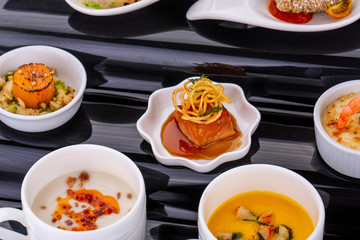Fish and meat canapés for visiting catering, for holidays and ceremonies, for restaurant, menu
