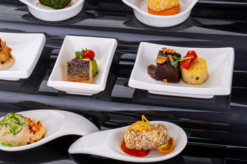 Fish and meat canapés for visiting catering, for holidays and ceremonies, for restaurant, menu
