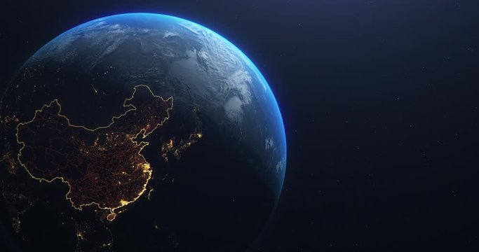 Planet Earth from Space, People's Republic of China highlighted state borders and counties animation, city lights, 3d illustration, elements of this image courtesy of NASA