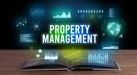 PROPERTY MANAGEMENT inscription coming out from an open book, creative business concept