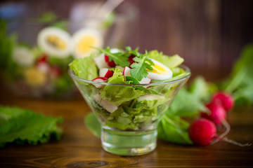 spring salad with arugula, boiled eggs, fresh radish, salad leaves in a glass bowl