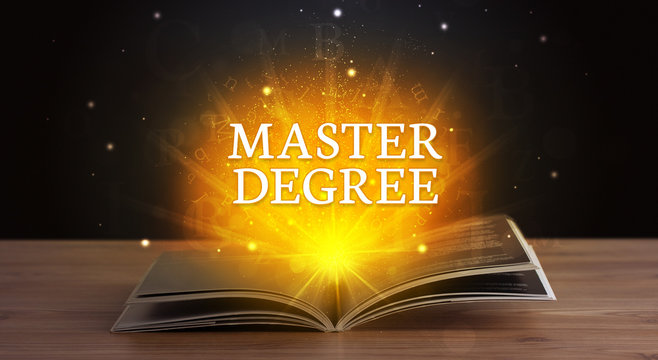 MASTER DEGREE inscription coming out from an open book, educational concept