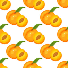Saemless pattern with cartoon detailed exotic peach on white background. Summer fruits for healthy lifestyle. Organic fruit. Vector illustration for any design.