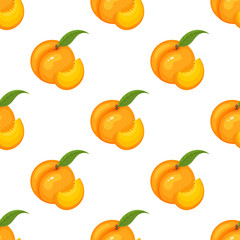 Saemless pattern with cartoon detailed exotic peach on white background. Summer fruits for healthy lifestyle. Organic fruit. Vector illustration for any design.
