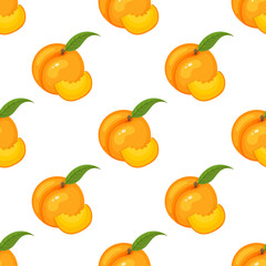 Saemless pattern with cartoon detailed exotic peach on white background. Summer fruits for healthy lifestyle. Organic fruit. Vector illustration for any design.