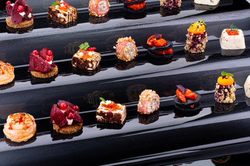 Fish and meat canapés for visiting catering, for holidays and ceremonies, for restaurant, menu