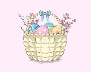Basket of Easter eggs and flowering branches. Pastel-style Easter illustration. Coloured eggs in a basket and flowering cherry and willow branches. - 337431128