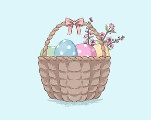 Basket of Easter eggs and flowering branches. Pastel-style Easter illustration. Coloured eggs in a basket and flowering cherry branches. - 337431189
