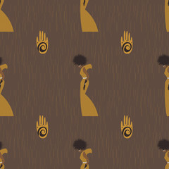 African fashion seamless pattern Abstract silhouette of an woman with curly hair in a long yellow dress with black polka dots and hand - 337431318