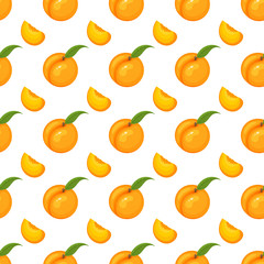 Saemless pattern with cartoon detailed exotic peach on white background. Summer fruits for healthy lifestyle. Organic fruit. Vector illustration for any design.