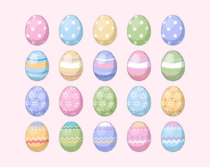 Twenty colorful isolated Easter eggs set. Vector illustration in pastel style. - 337431372