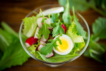 spring salad with arugula, boiled eggs, fresh radish, salad leaves in a glass bowl