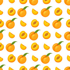 Saemless pattern with cartoon detailed exotic peach on white background. Summer fruits for healthy lifestyle. Organic fruit. Vector illustration for any design.