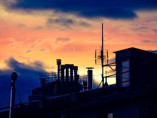 Genova, Italy - 04/08/2020: An amazing view from the window of some birds and beautiful sunset over...