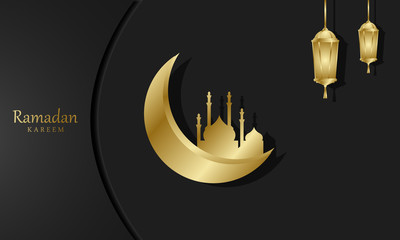 Ramadan Kareem greeting card or invitations with golden color. traditional lanterns and the moon. Vector illustration for greeting cards, posters and banners.
