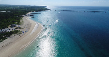 Aerial shot of Irabu bridge and maehama beach, miyako island, okinawa, Japan