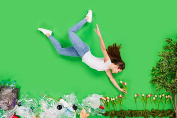 Full length high angle flat lay photo responsible citizen growing flowers taking care of nature...